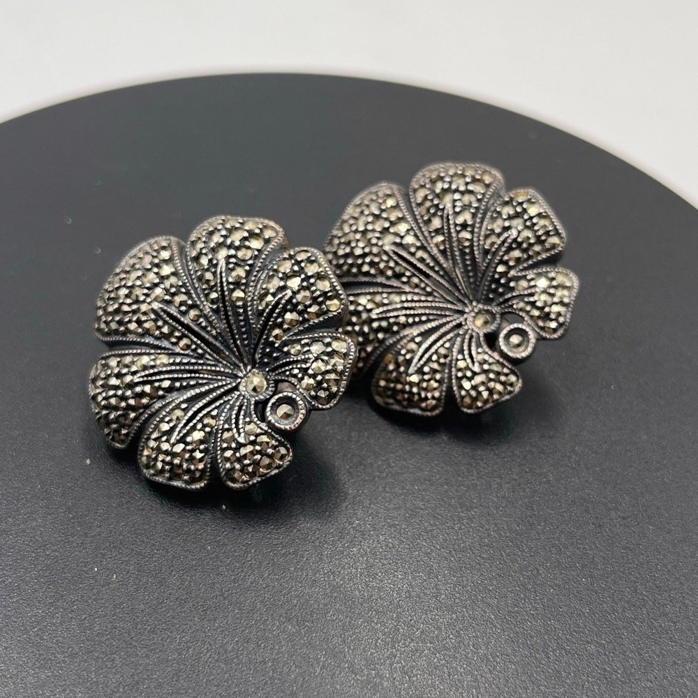 Judith Jack 925 Sterling Marcasite Lotus Floral Omega Back Pierced Earrings
